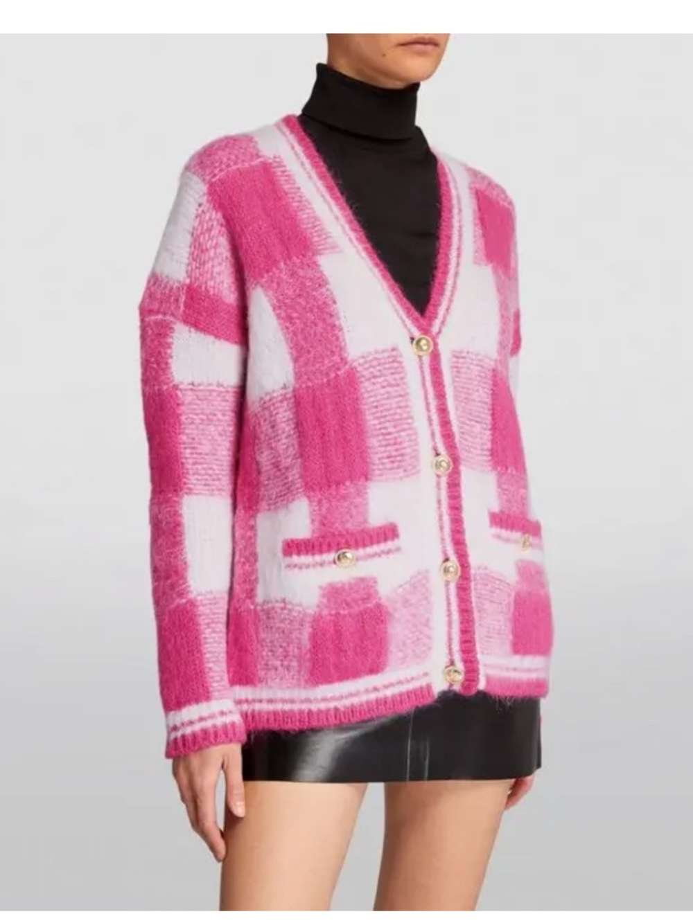 Maje My Check Jacquard Mohair Cardigan Pink Cream Patchwork Sweater NWT Size 2